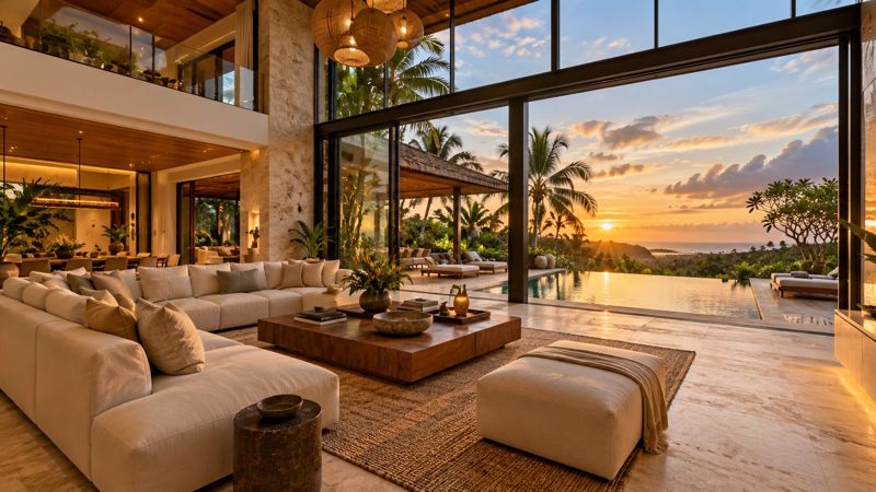 Double-height living room opening to the pool