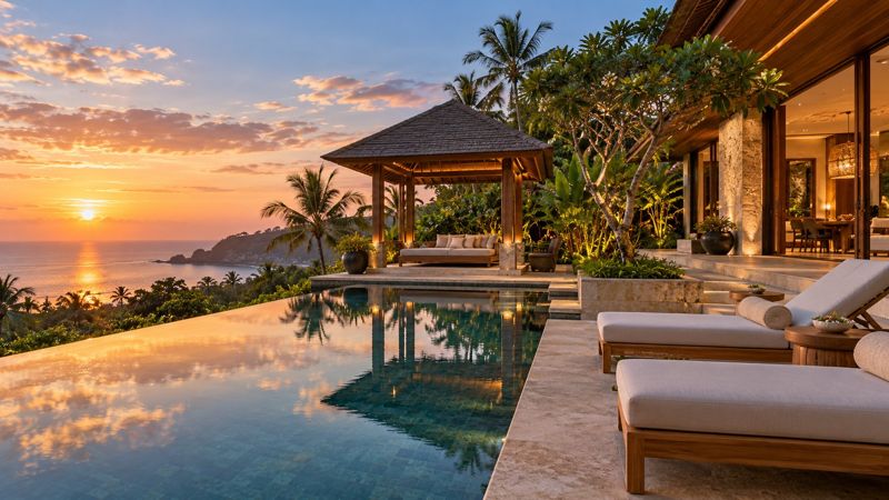 Infinity pool and sala at sunset